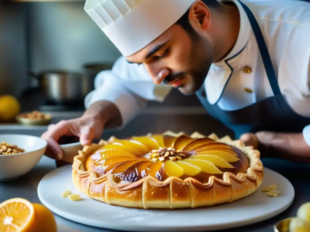 Un maestro pastelero francés prepara con esmero una Galette des Rois en una panadería bulliciosa de Francia