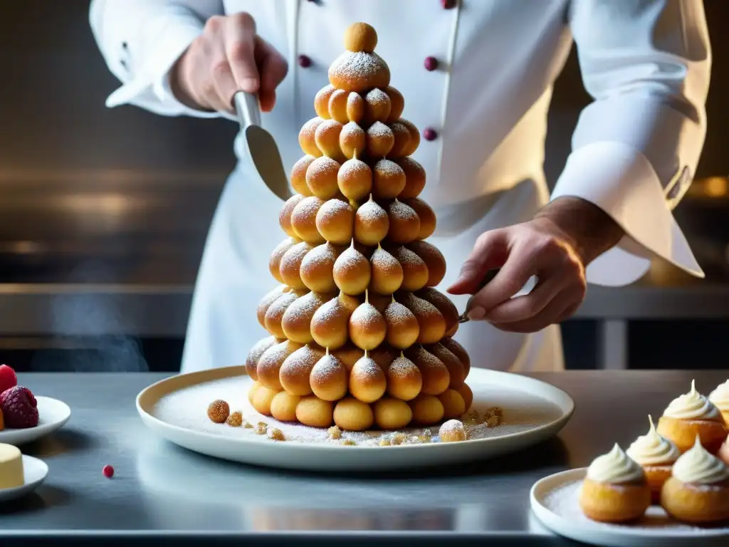 Un maestro pastelero francés experto decora un croquembouche en capas con precisión, en un entorno de cocina animado