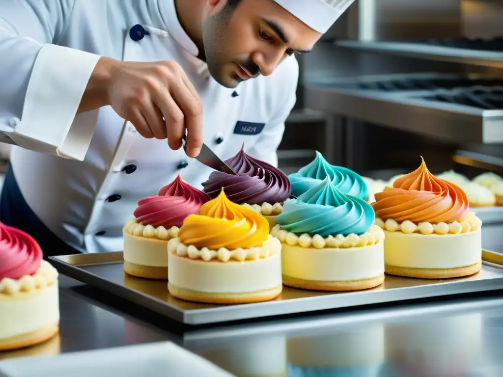 Un maestro pastelero experto en la Gran Premio de Repostería, decorando una obra maestra francesa con secretos de pastelería