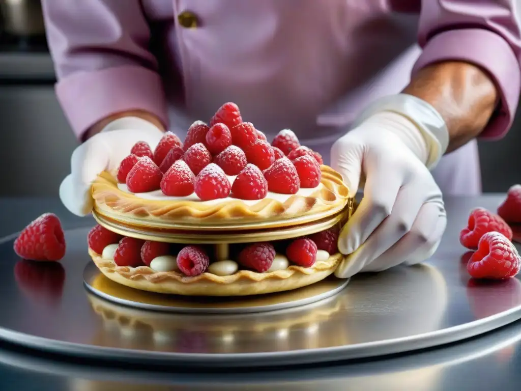 Un maestro pastelero francés crea una exquisita millefeuille con crema de frambuesa