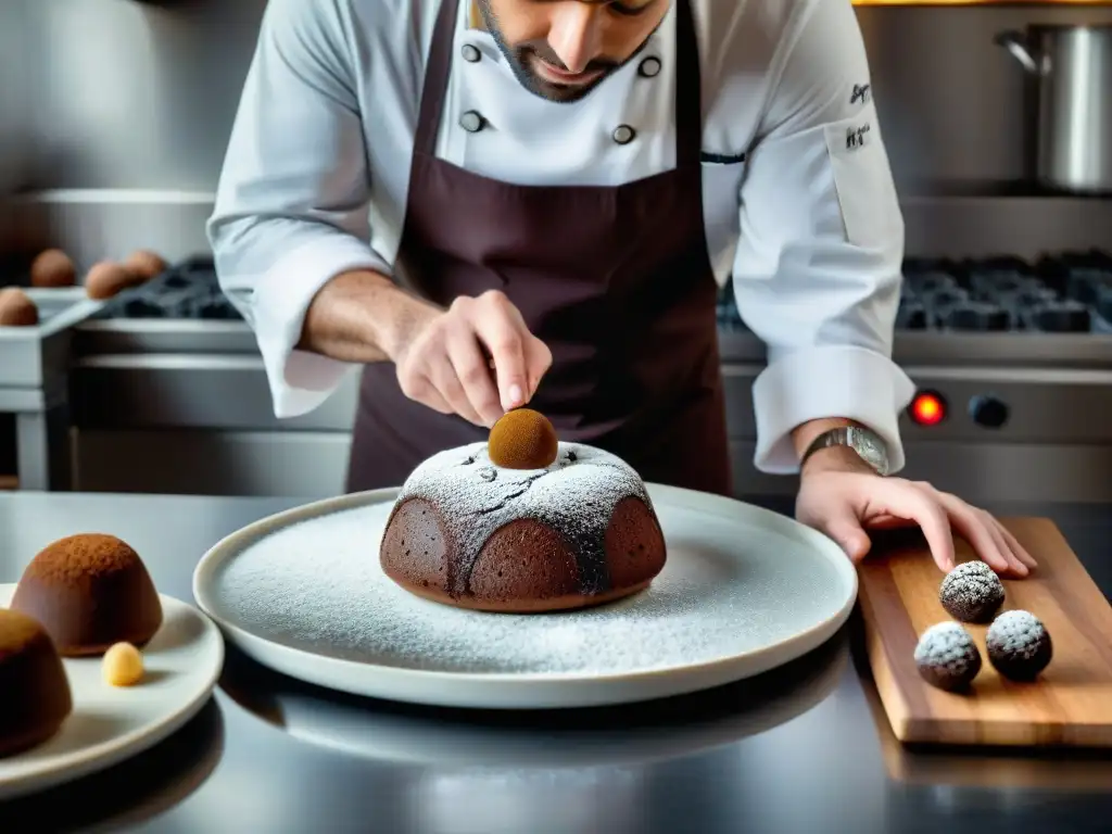 Un maestro pastelero en acción, creando una exquisita tarta de trufa de chocolate