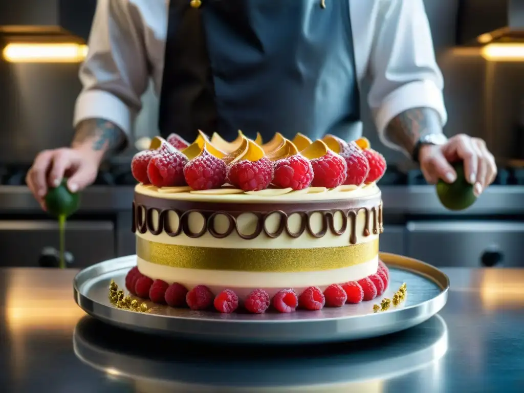 Un maestro pastelero decora un exquisito pastel Opera en una cocina profesional, en una tienda de repostería francesa innovadora