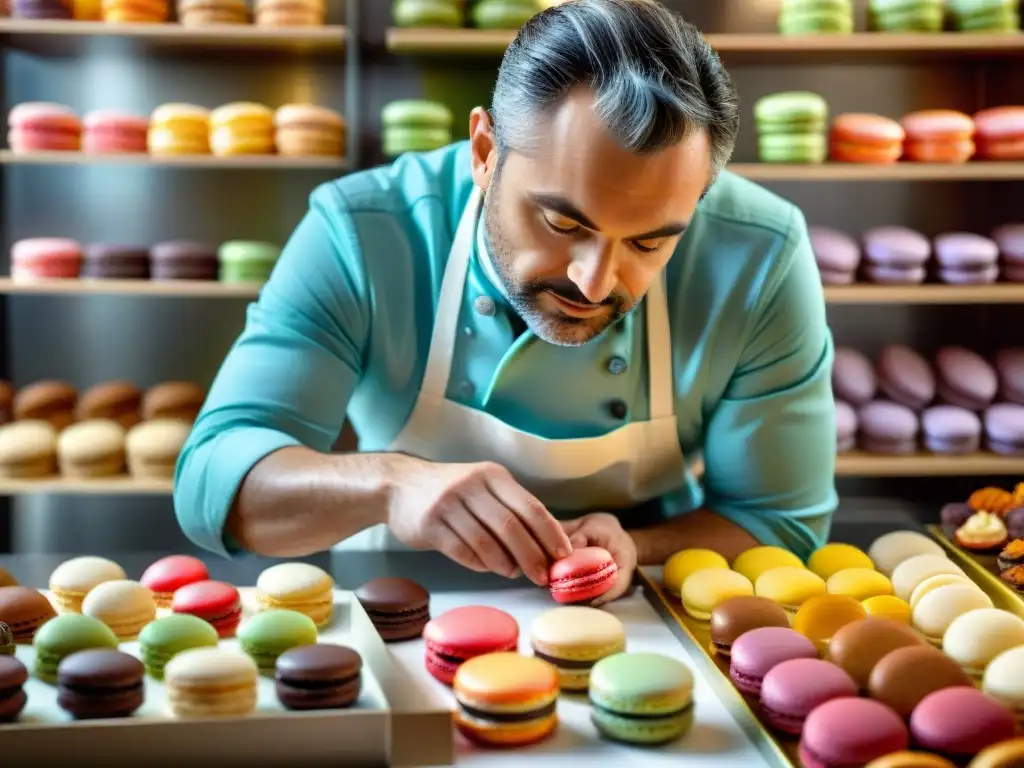 El maestro pastelero Pierre Hermé crea un exquisito macaron en su pastelería francesa innovadora