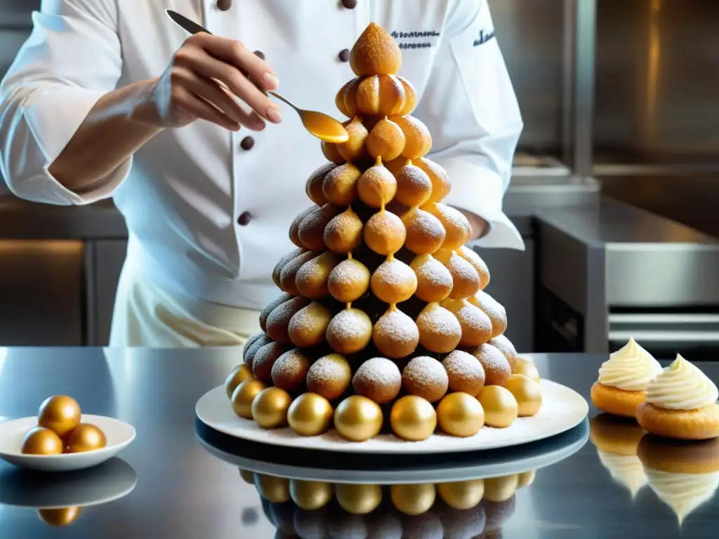 Un maestro pastelero francés crea con maestría un exquisito croquembouche