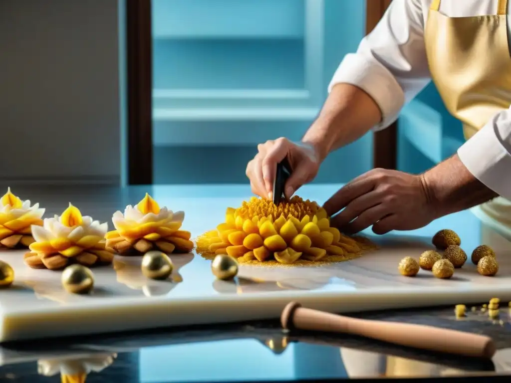 El maestro pastelero crea flores de azúcar con precisión en un entorno luminoso, mostrando las técnicas avanzadas confitería francesa