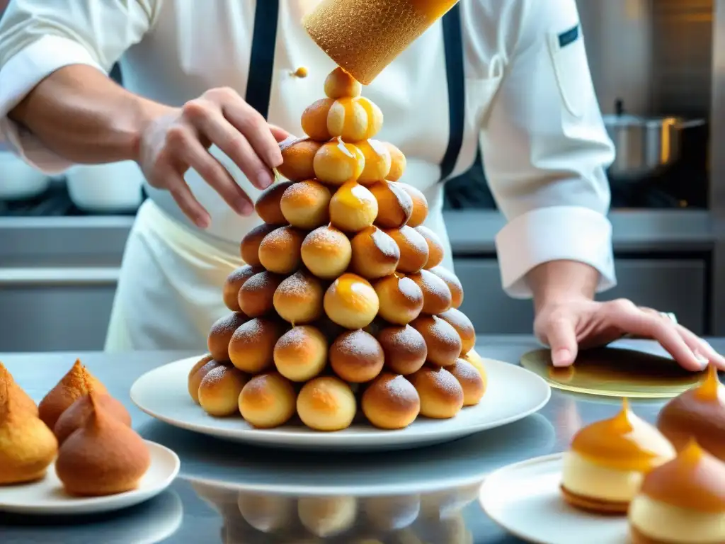 Un maestro pastelero francés expertamente elaborando un croquembouche en una bulliciosa pastelería francesa: arte y ciencia