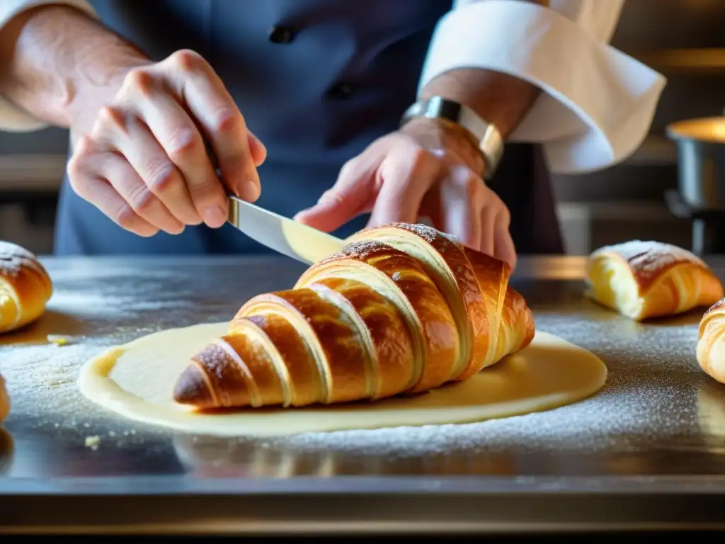 Maestro pastelero francés creando croissant perfecto en panadería parisina