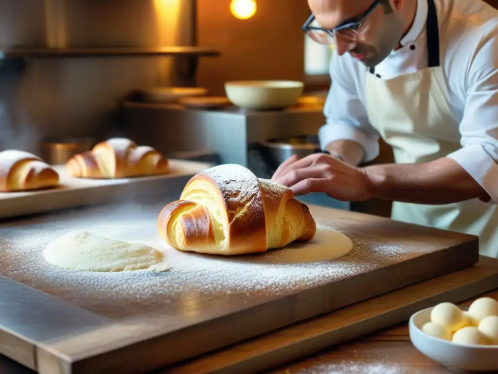 Un maestro pastelero francés elaborando croissants en una panadería parisina