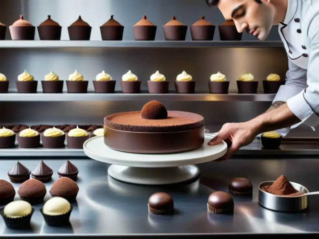 Un maestro pastelero francés experto en técnicas avanzadas de chocolate crea postres icónicos con destreza y precisión en su cocina