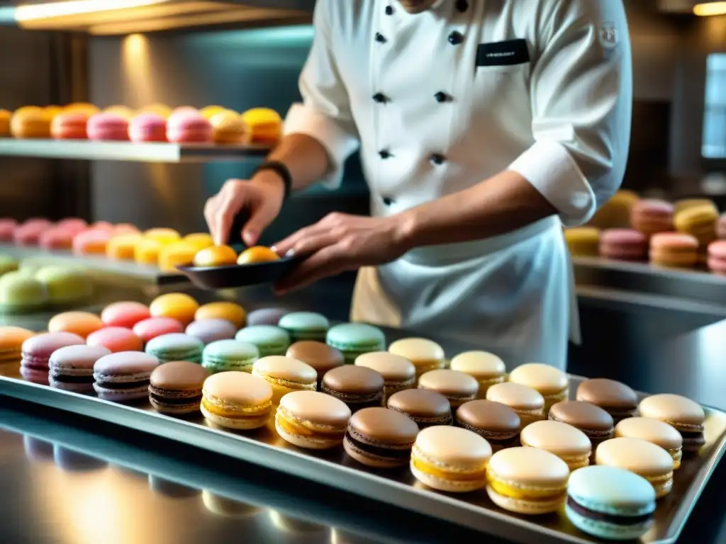 Un maestro pastelero francés experto decorando macarons recién horneados