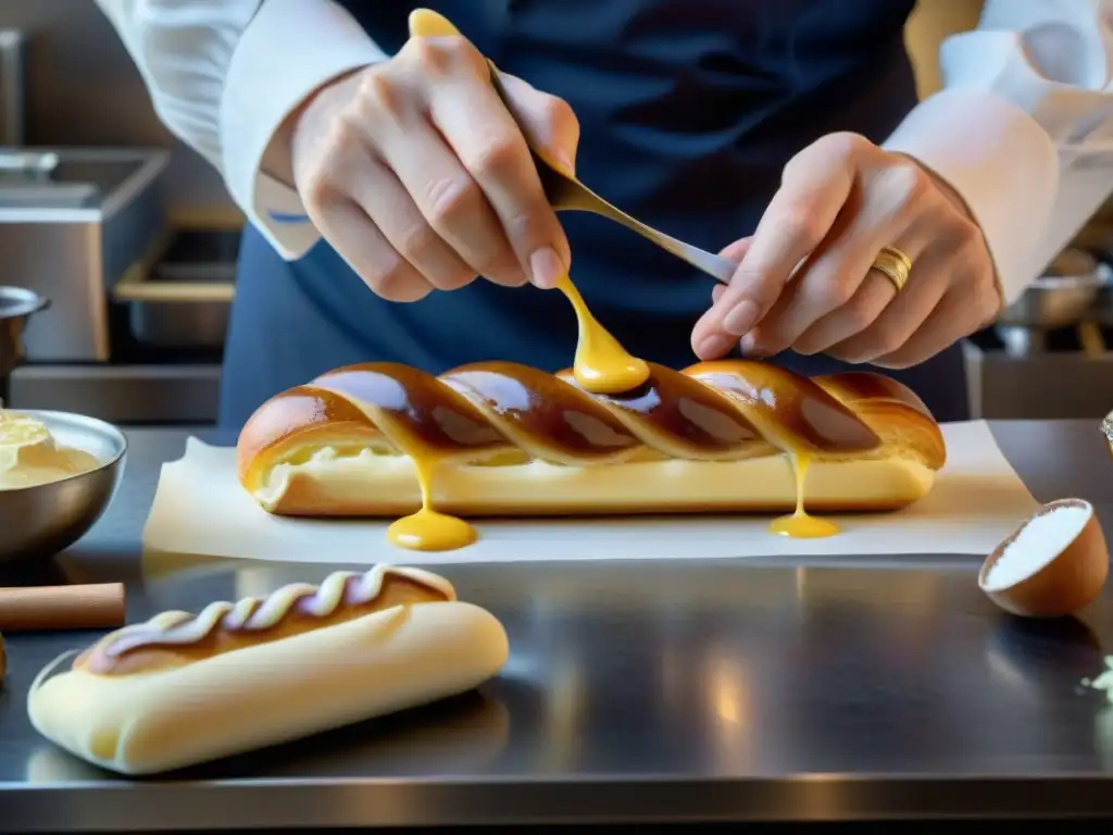 Un maestro pastelero francés experto en técnicas y herramientas, decorando un delicioso éclair