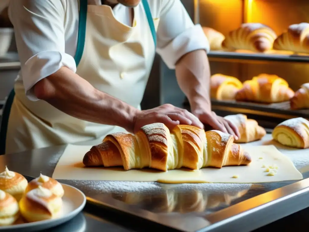 Un maestro pastelero francés experto en la embajadora gastronomía, creando croissants perfectos en una panadería parisina tradicional