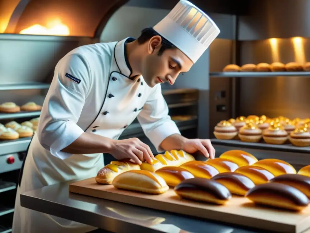 Un maestro pastelero francés creando exquisitos éclairs en una cocina rústica, con horno para recetas de pastelería francesa