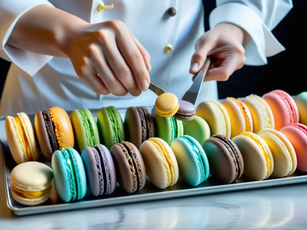 Un maestro pastelero francés creando macarons con precisión científica y arte en pastelería francesa: arte y ciencia