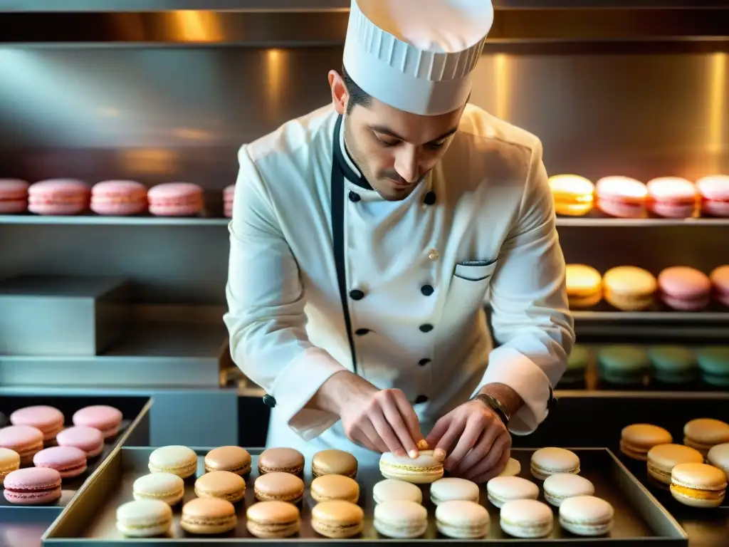 Un maestro pastelero francés creando macarons en una panadería parisina, resaltando la influencia de productos franceses en otras culturas