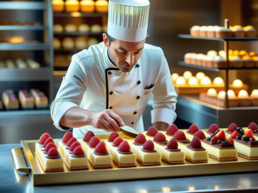 Maestro pastelero francés elaborando una obra maestra de repostería francesa con precisión y elegancia