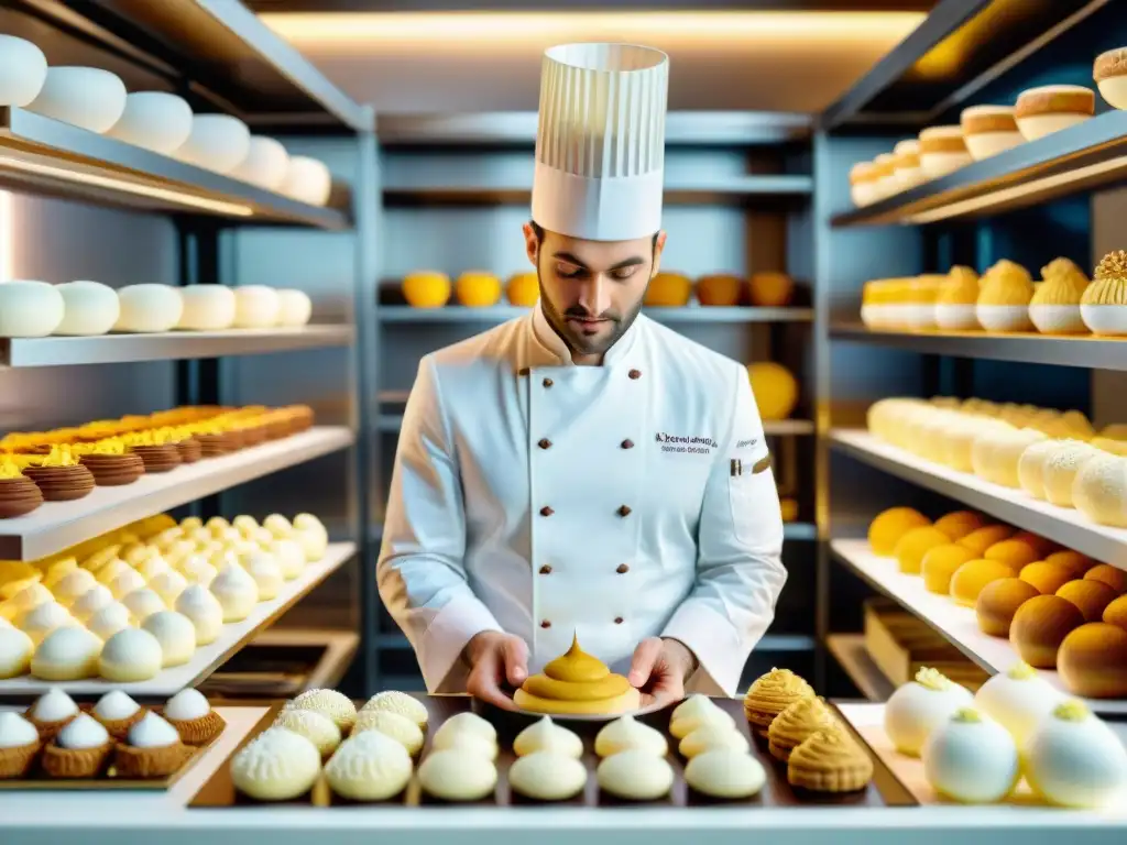 Maestro pastelero francés creando pasteles con impresión 3D de alta precisión y detalle, en un ambiente tradicional y tecnológico