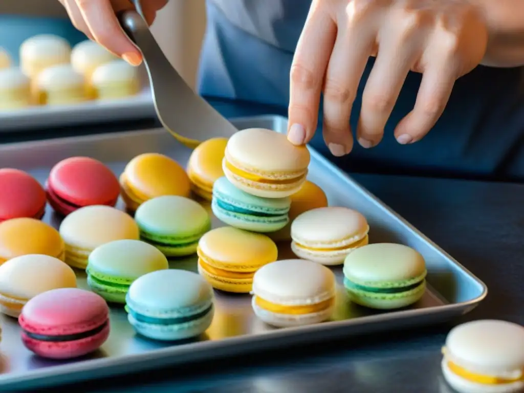 Un maestro pastelero francés elaborando con precisión macarons, destacando la técnica y detalle de las recetas tradicionales de pastelería francesa