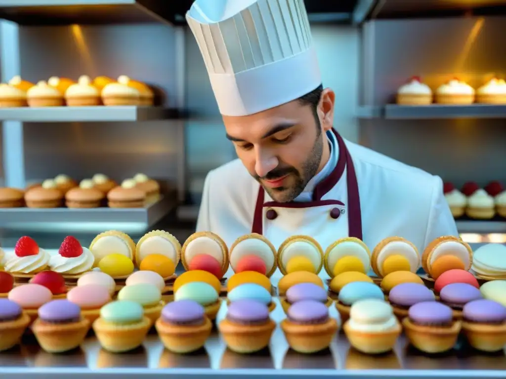 Un maestro pastelero francés confeccionando secretos postres franceses en una pastelería parisina iluminada por el sol