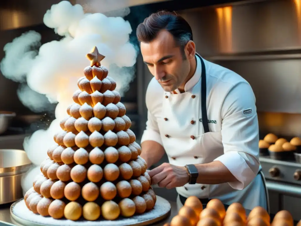 Un maestro pastelero francés creando una torre de croquembouche con choux dorados, rodeado de utensilios vintage y una nube de azúcar