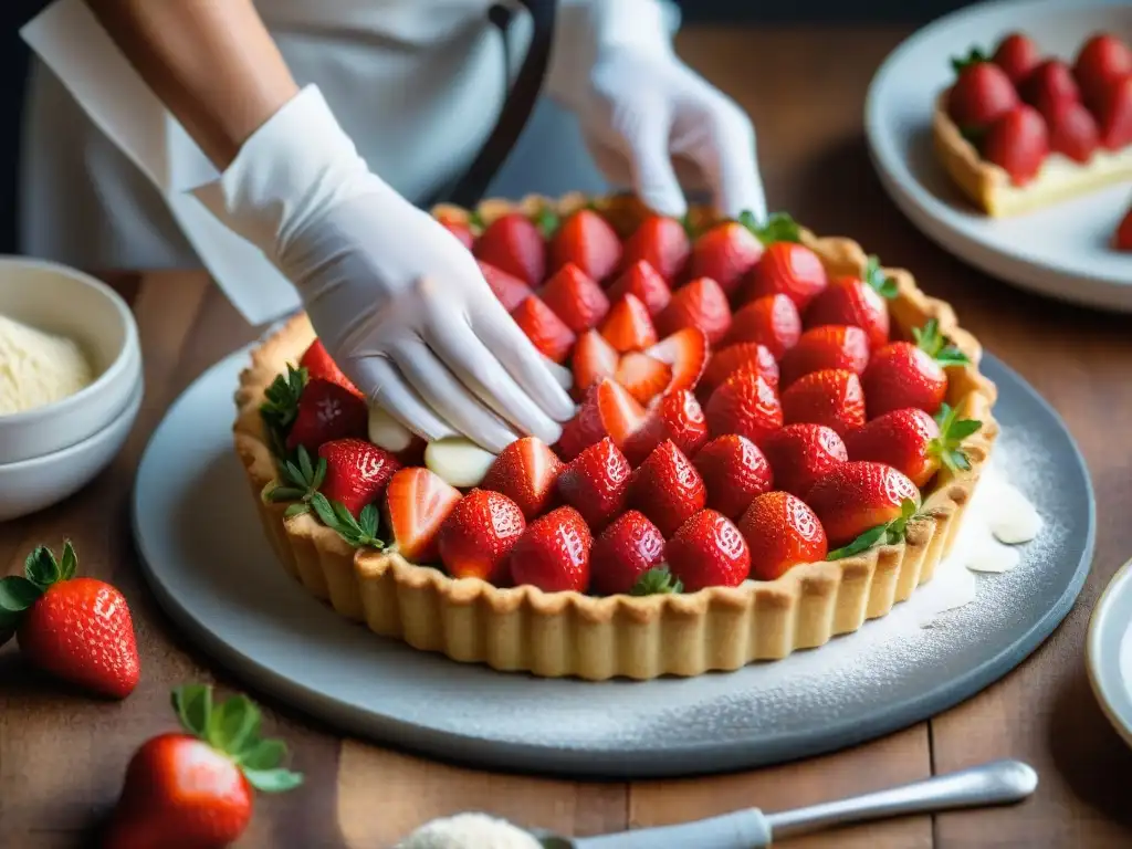 Un maestro pastelero coloca fresas en una tarta francesa, mostrando arte y atención a los detalles