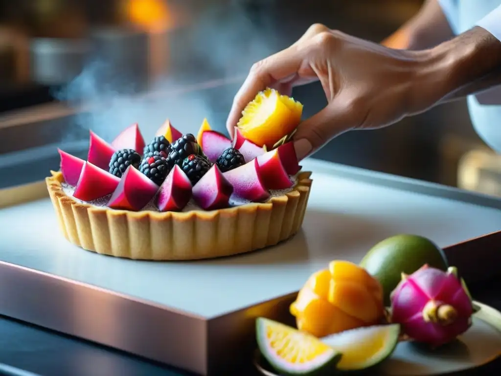 Un maestro pastelero francés coloca frutas exóticas con precisión en una tarta, en una cocina tradicional