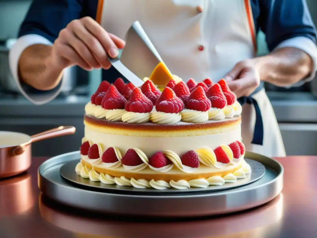 Un maestro pastelero francés crea hermosas decoraciones de frambuesa en una tarta fraisier en la prestigiosa escuela de cocina Ferrandi