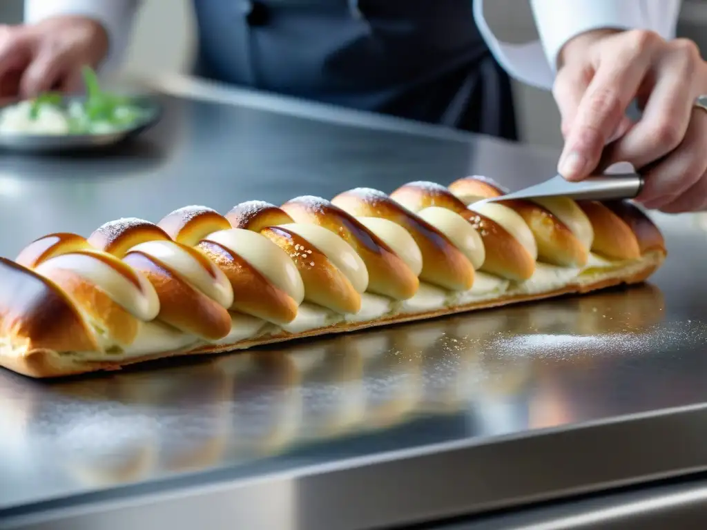 Un maestro pastelero utilizando herramientas modernas en una elegante cocina, decorando un éclair francés con precisión y destreza