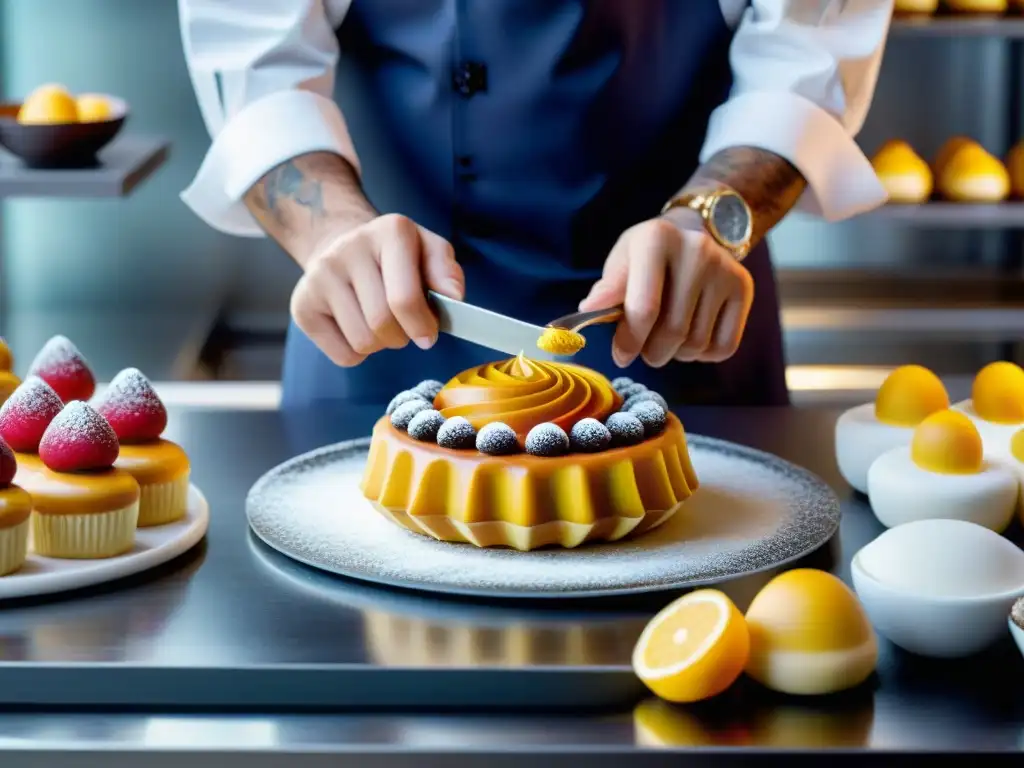 Un maestro pastelero innovador decora una creación francesa con precisión