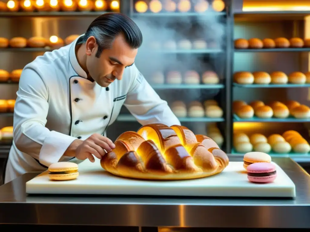 Un maestro pastelero francés esculpe una intrincada escultura de azúcar en su bulliciosa pastelería parisina