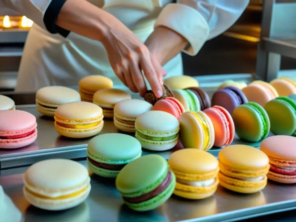 Un maestro pastelero francés elaborando macarons en una panadería parisina