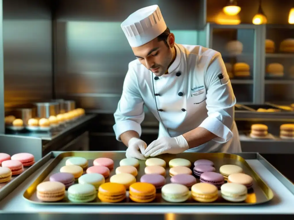 Un maestro pastelero francés elaborando macarons en una pastelería parisina