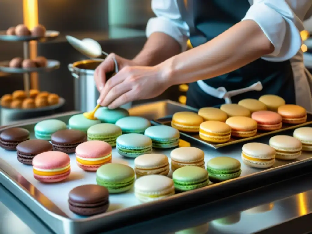 Un maestro pastelero francés elaborando macarons, mostrando la precisión de la receta tradicional de pastelería francesa