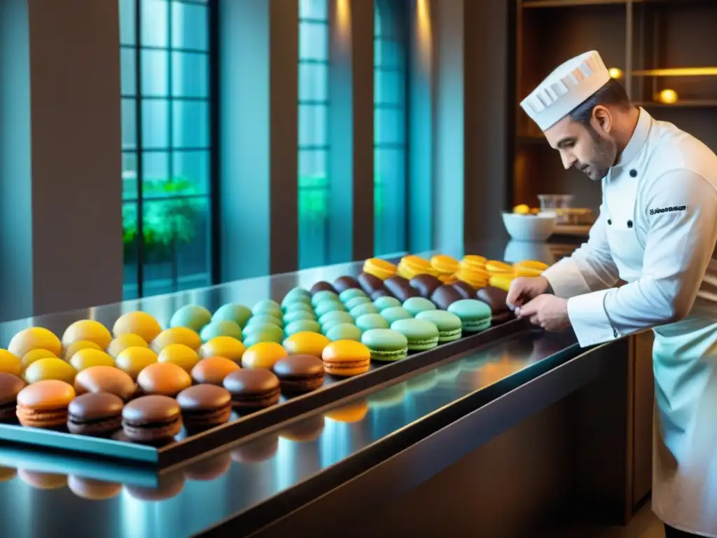 Maestro pastelero Pierre Hermé creando macarons vibrantes en su pastelería francesa innovadora