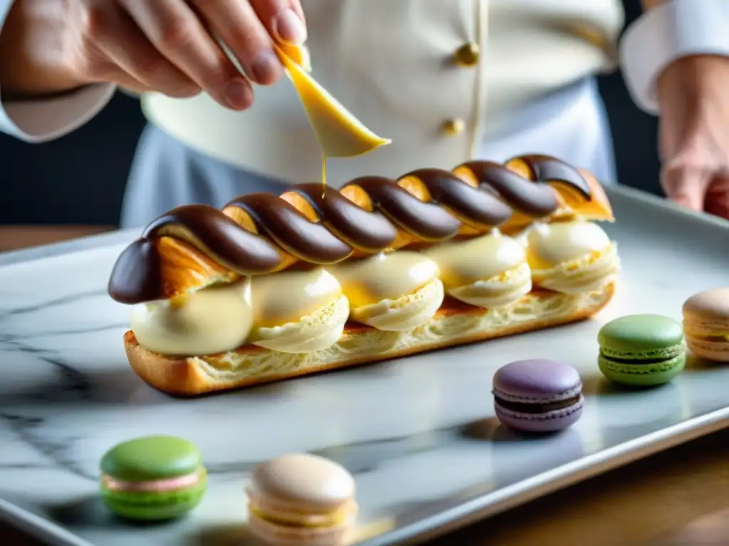 Un maestro pastelero francés crea magia en una elegante éclair en una bulliciosa pastelería parisina llena de delicias