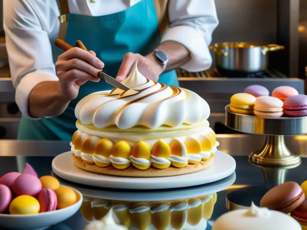 Un maestro pastelero aplica meticulosamente merengue a un Baked Alaska, rodeado de delicias en una pastelería francesa