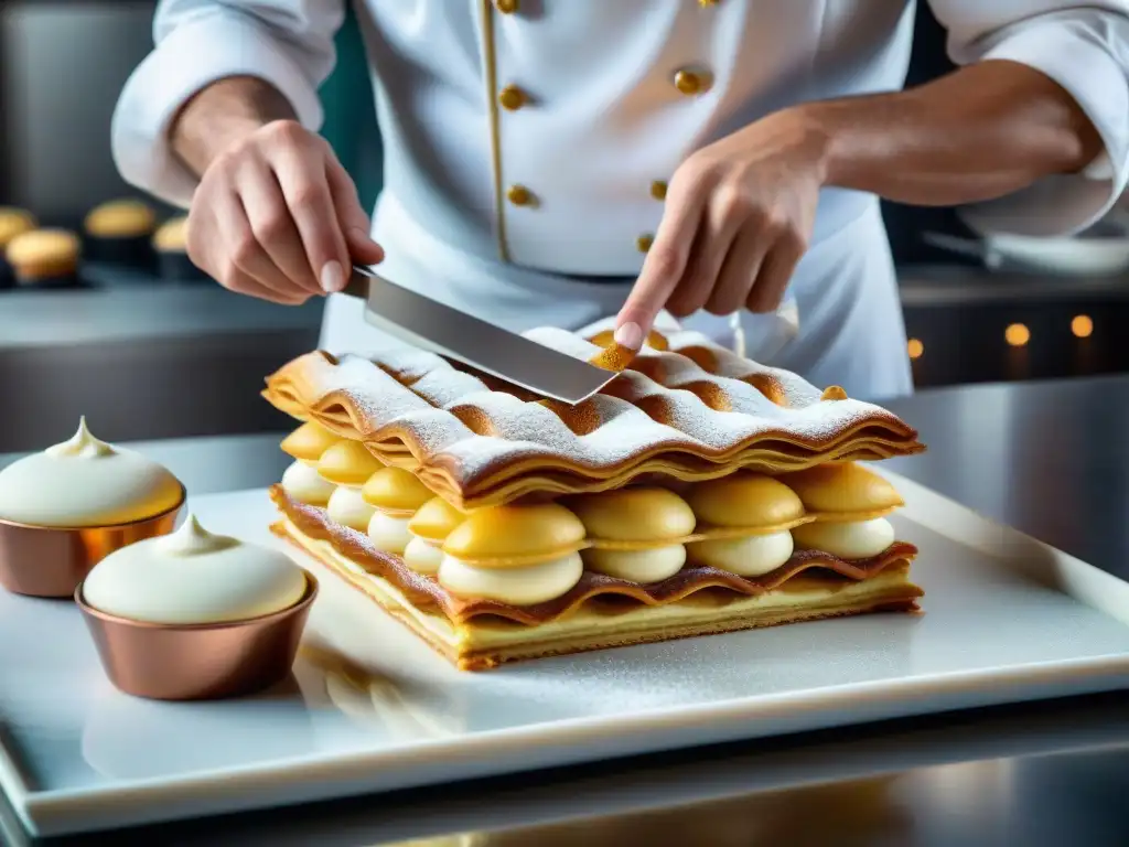 Un maestro pastelero francés detalladamente decorando un Millefeuille, resaltando la importancia de la pastelería francesa en gastronomía