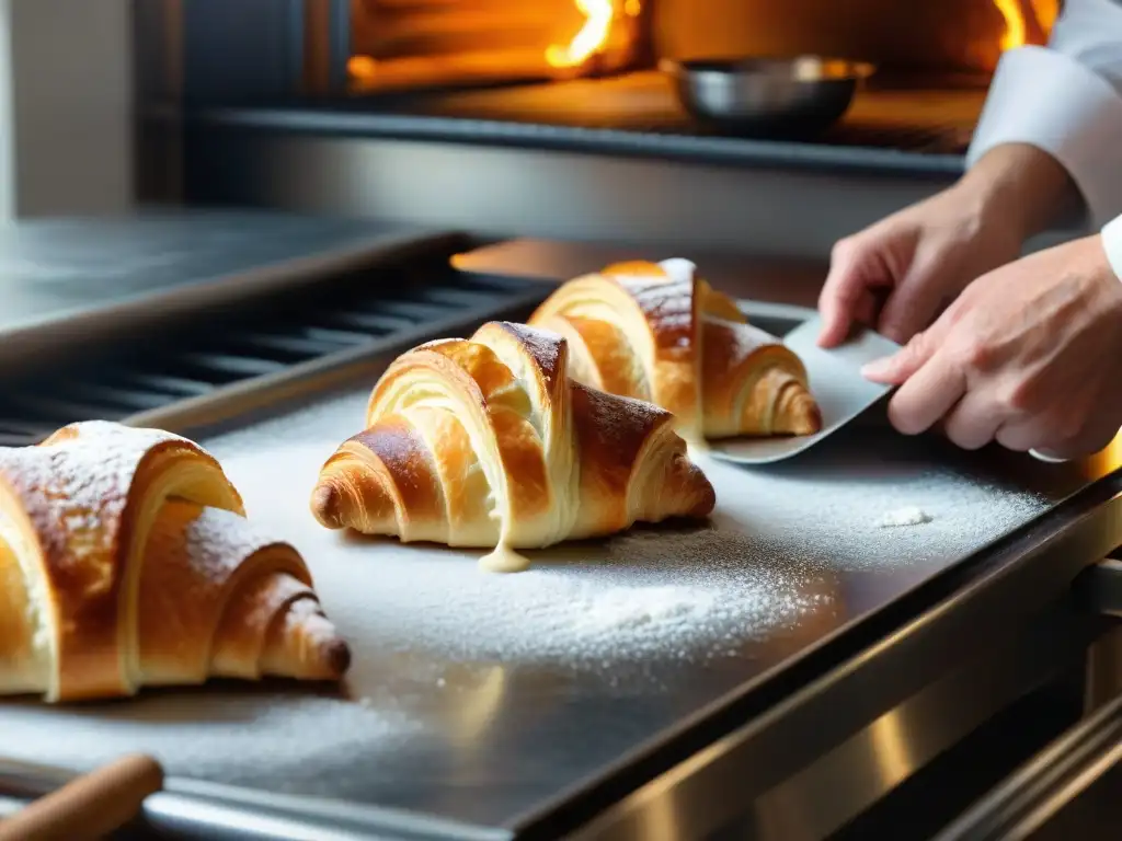 Un maestro pastelero en una panadería francesa, creando croissants con destreza y precisión, embajadores de la gastronomía francesa