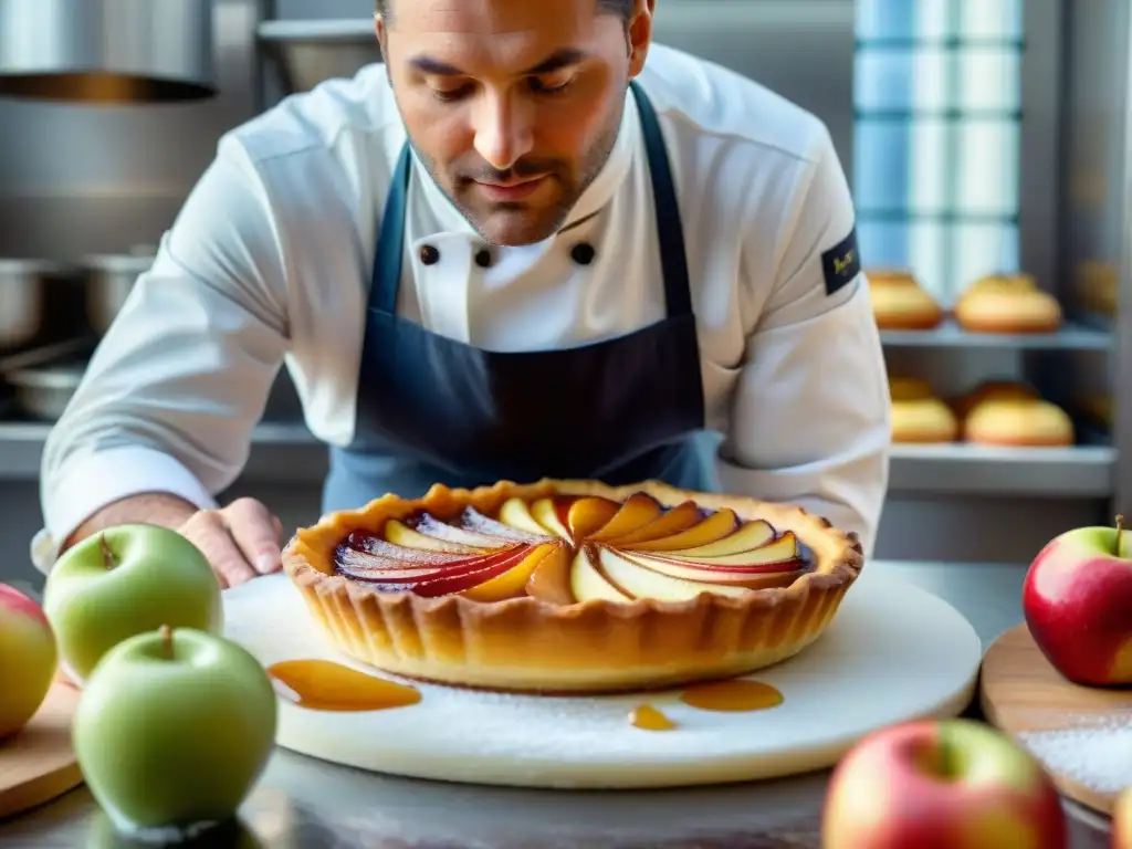 Un maestro pastelero en una panadería francesa, preparando una Tarte Tatin con precisión y arte