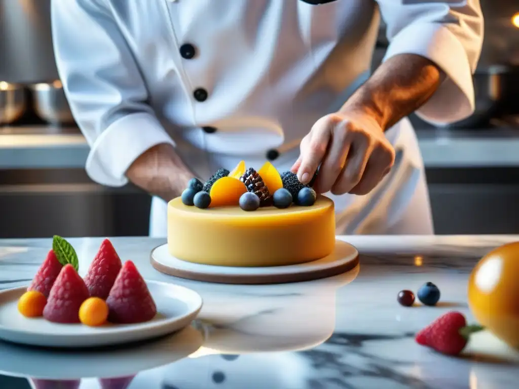 Un maestro pastelero innovando en pastelería francesa con precisión y arte