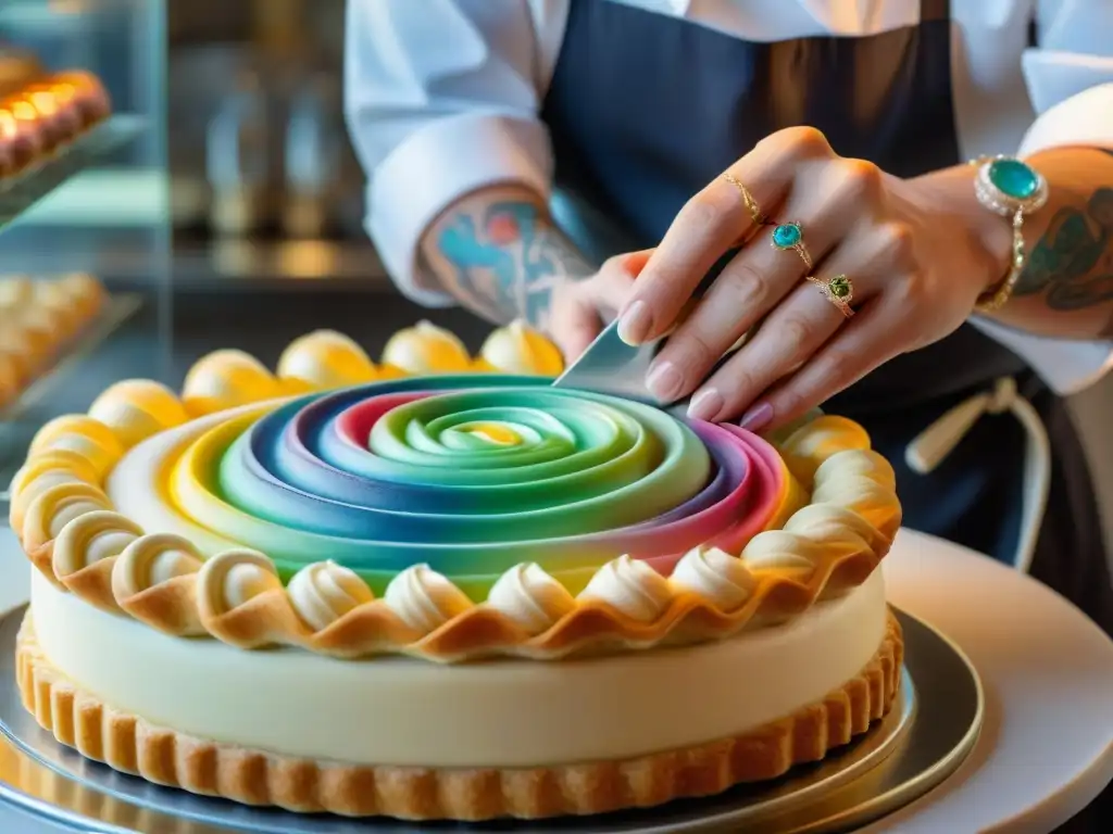 Un maestro pastelero en una pastelería parisina de alta gama, decorando una exquisita pastelería francesa