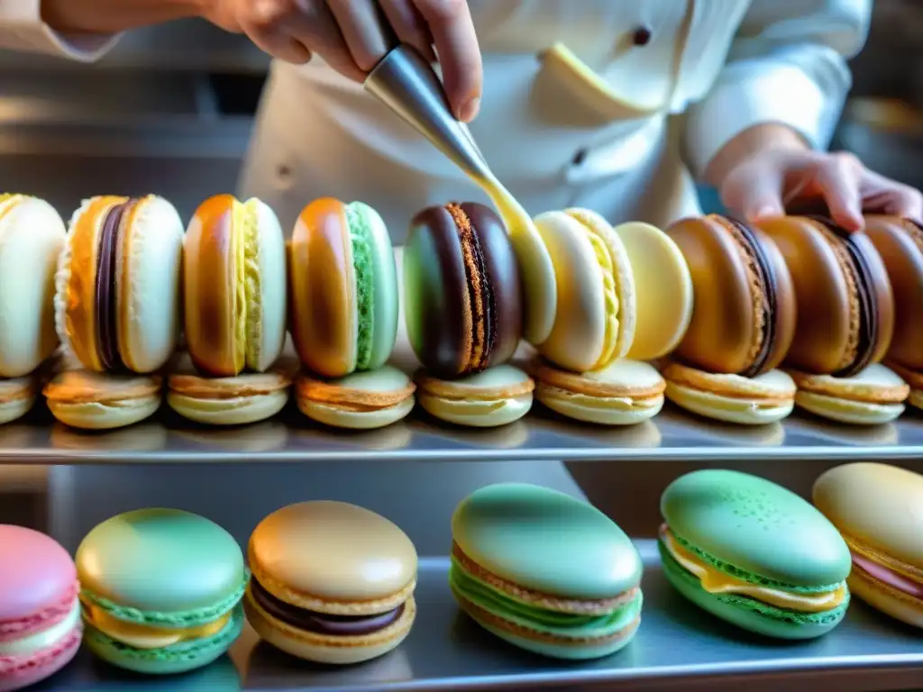 Un maestro pastelero francés decora con precisión un delicado éclair, en una bulliciosa pastelería parisina