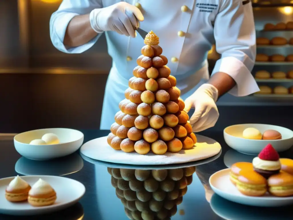 Un maestro pastelero francés crea con precisión un croquembouche, destacando la importancia de la pastelería francesa en gastronomía