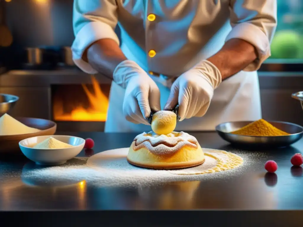 Un maestro pastelero en RódanoAlpes elaborando un postre tradicional, rodeado de ingredientes coloridos y herramientas de cocina vintage