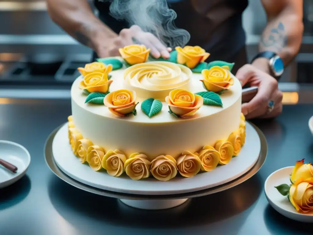 Un maestro pastelero crea rosas de crema de mantequilla en un pastel de múltiples capas