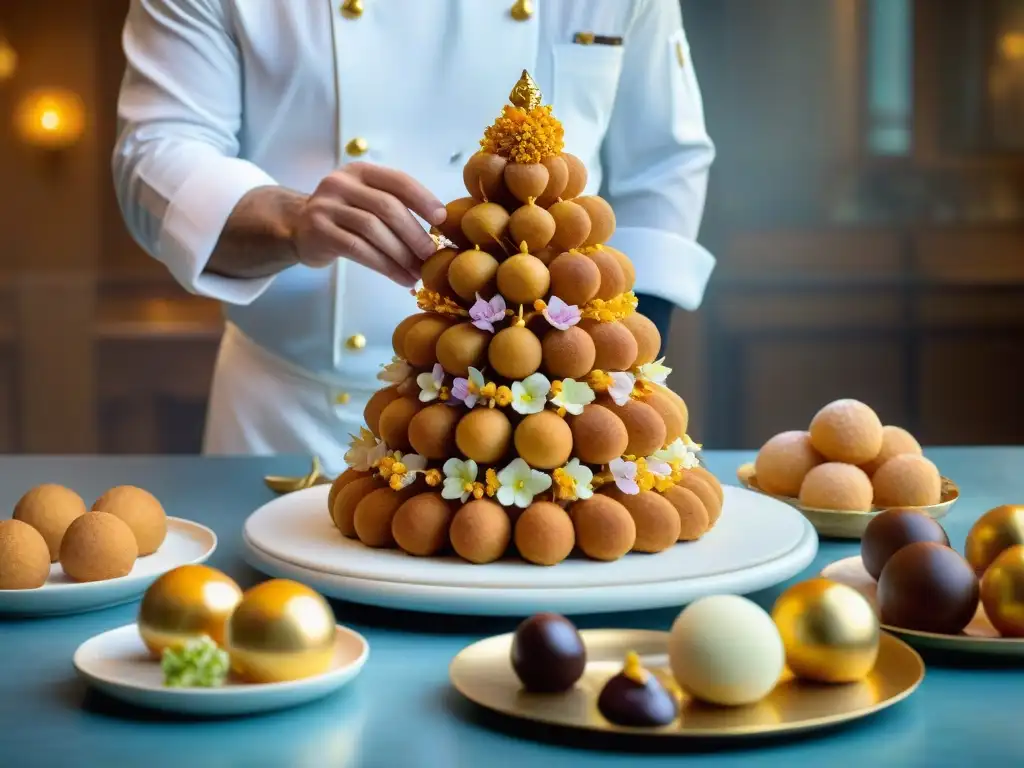 Un maestro pastelero francés decora un croquembouche mientras secretos de pastelería francesa se revelan en una elegante pastelería de París