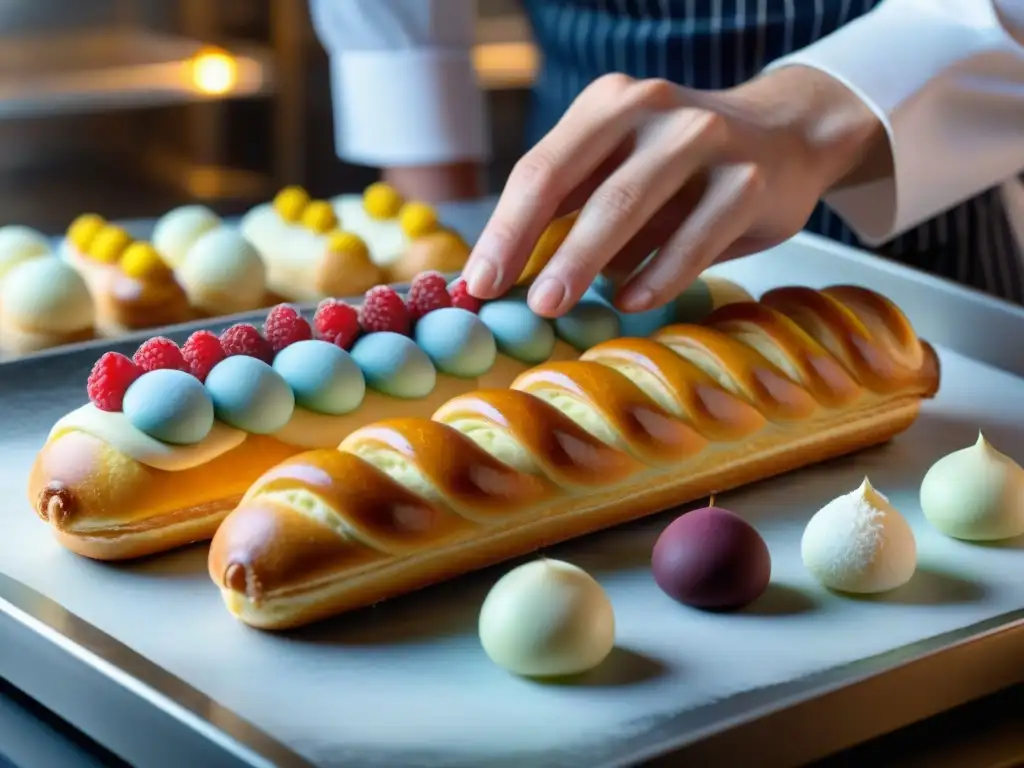 Un maestro pastelero francés aplica técnicas avanzadas de confitería en eclairs, destacando precisión y arte