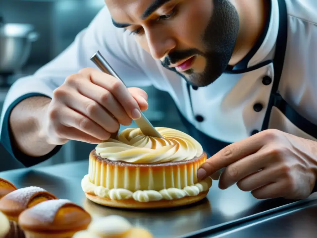 Un maestro pastelero utiliza técnicas postres franceses al vacío para decorar exquisitos postres