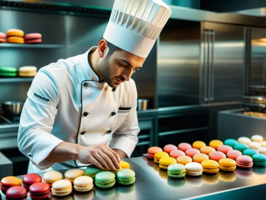 Un maestro pastelero francés crea una torre de macarons en un estudio de cocina moderno, mostrando la pastelería francesa en el cine