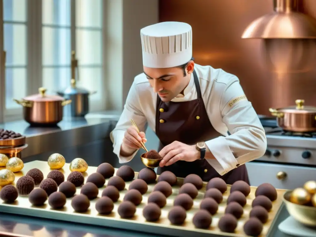 Un maestro pastelero francés elabora trufas de chocolate en una cocina parisina soleada, destacando los beneficios del cacao en Francia